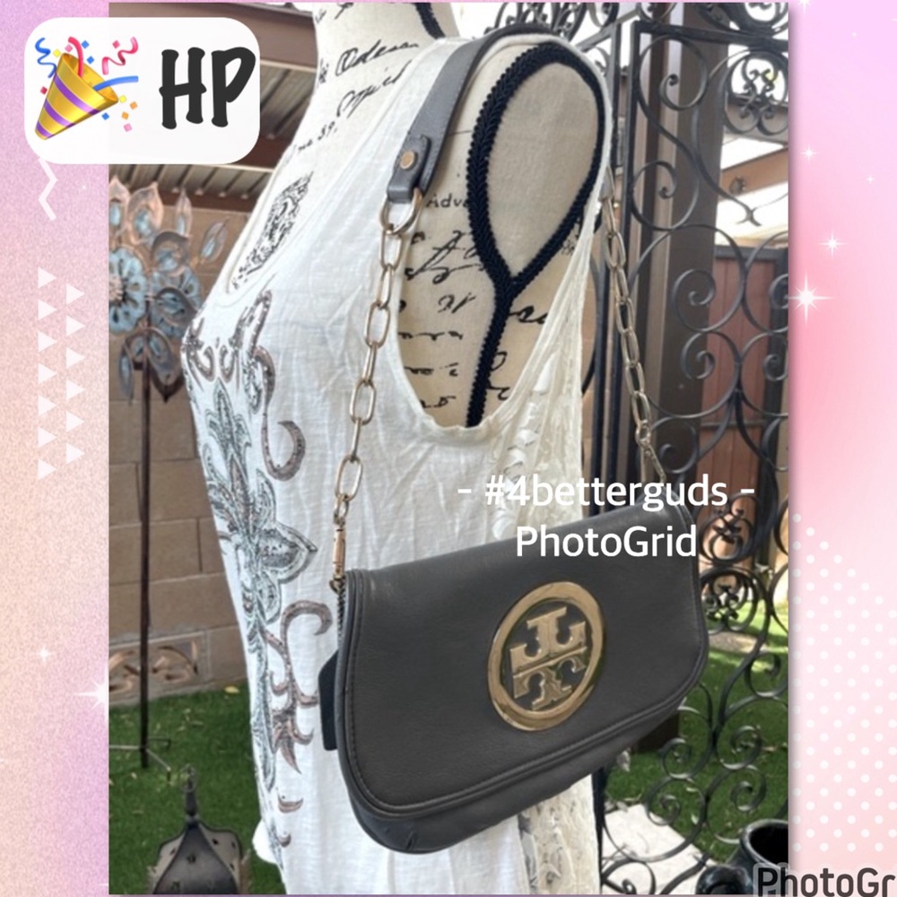 Tory Burch Leather Flap Purse & Convertible Clutch Gray with Gold Chain - Picture 1 of 16